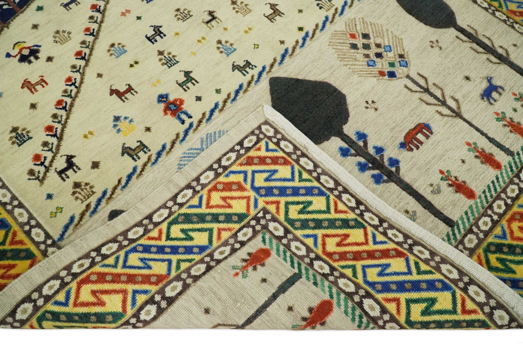 Moral Art Beige and Blue Hand Spun Wool Hand Woven Southwestern Gabbeh Rug | KNT44 - The Rug Decor