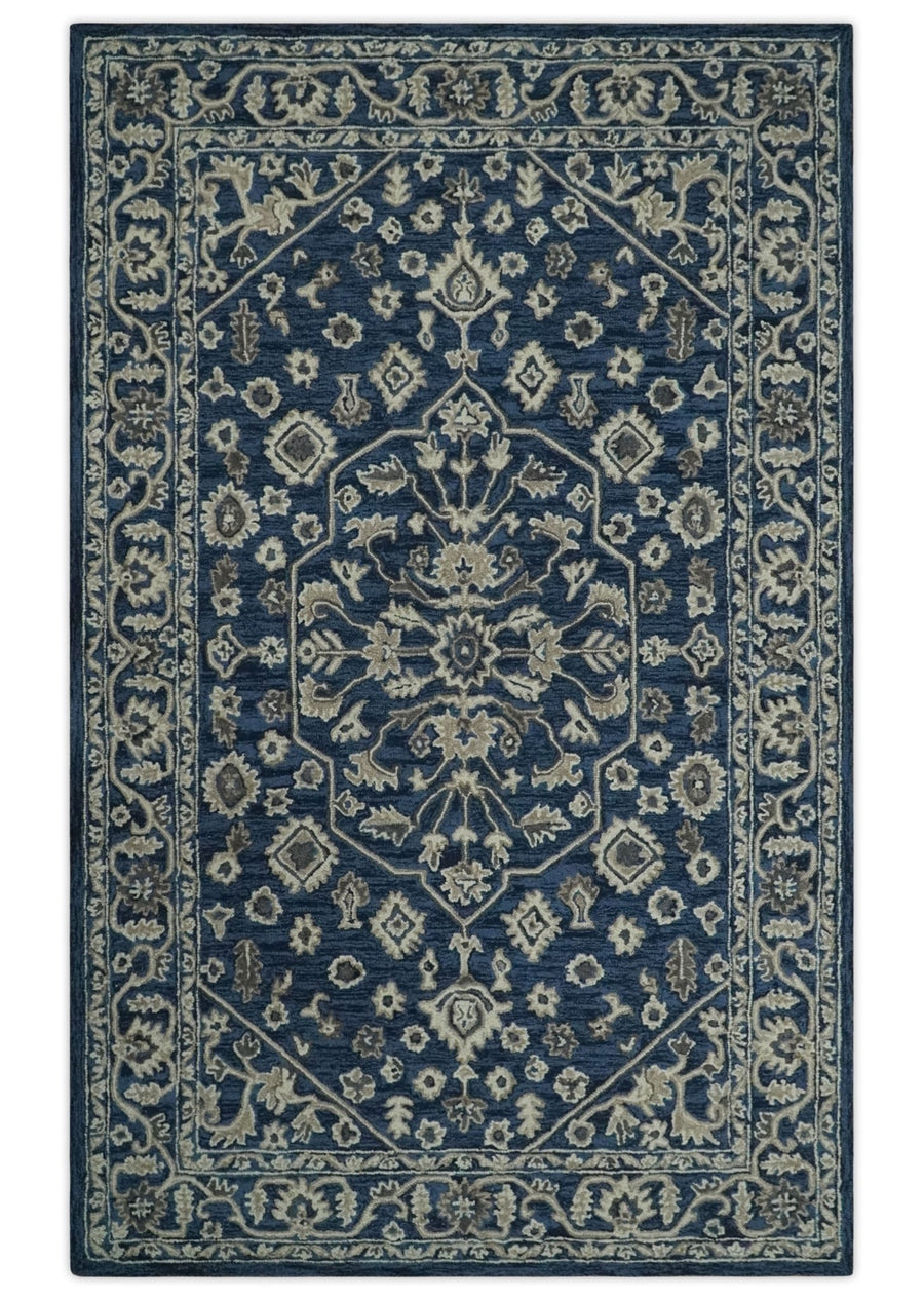 Multi Size Hand Tufted Blue and Beige Traditional Medallion 8x10, 9x12 Antique Style Rug, Kids, Living Room and Bedroom Rug | TRD6441 - The Rug Decor