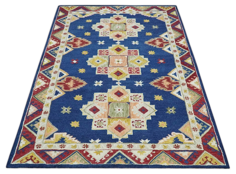 Multi Size Hand Tufted Blue, Ivory and Rust Traditional Antique Style Wool Rug - The Rug Decor