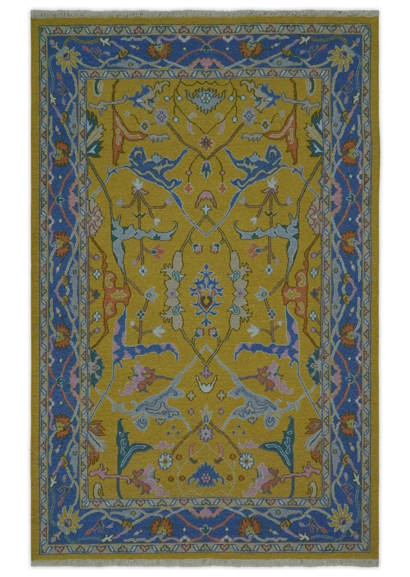 Mustard and Blue Hand-Knotted Sumac Weave oriental Oushak 5.5x7.8 wool Area Rug - The Rug Decor