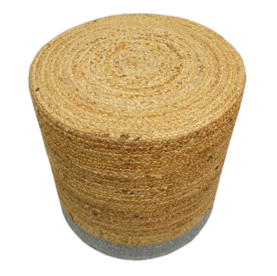Natural Brown and Blue Jute Round Pouf, Hand Braided boho Pouf Ottoman Footstool, Side table, Seat , Foot Rest, Living Room, Bedroom - The Rug Decor