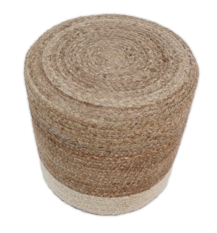 Natural Brown and White Jute Round Pouf, Hand Braided boho Pouf Ottoman Footstool, Side table, Seat , Foot Rest, Living Room, Bedroom | JP7 - The Rug Decor