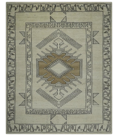 Natural Wool Hand Knotted Ivory, Beige and Black Traditional Heriz Serapi Wool Area Rug, Kids, Living Room and Bedroom Rug | MEHK21 - The Rug Decor