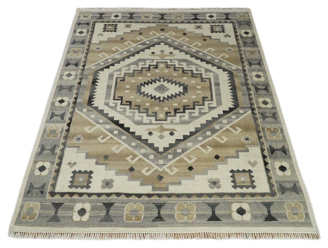 Natural Wool Hand Knotted Ivory, Beige and Charcoal Traditional Area Rug, Kids, Living Room and Bedroom Rug | MEHK2 - The Rug Decor