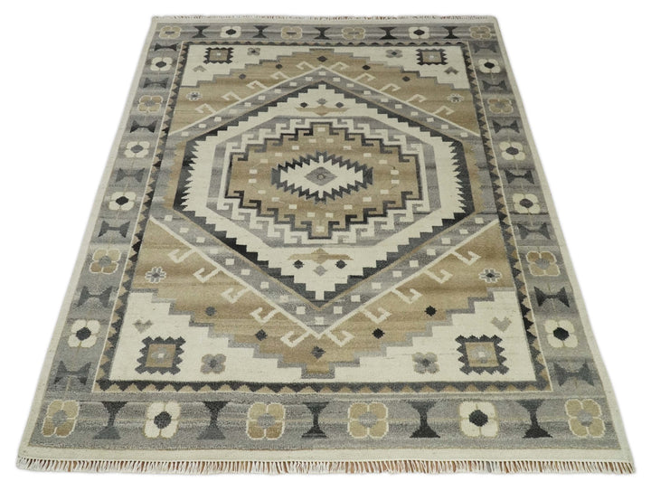 Natural Wool Hand Knotted Ivory, Beige and Charcoal Traditional Area Rug, Kids, Living Room and Bedroom Rug | MEHK2 - The Rug Decor