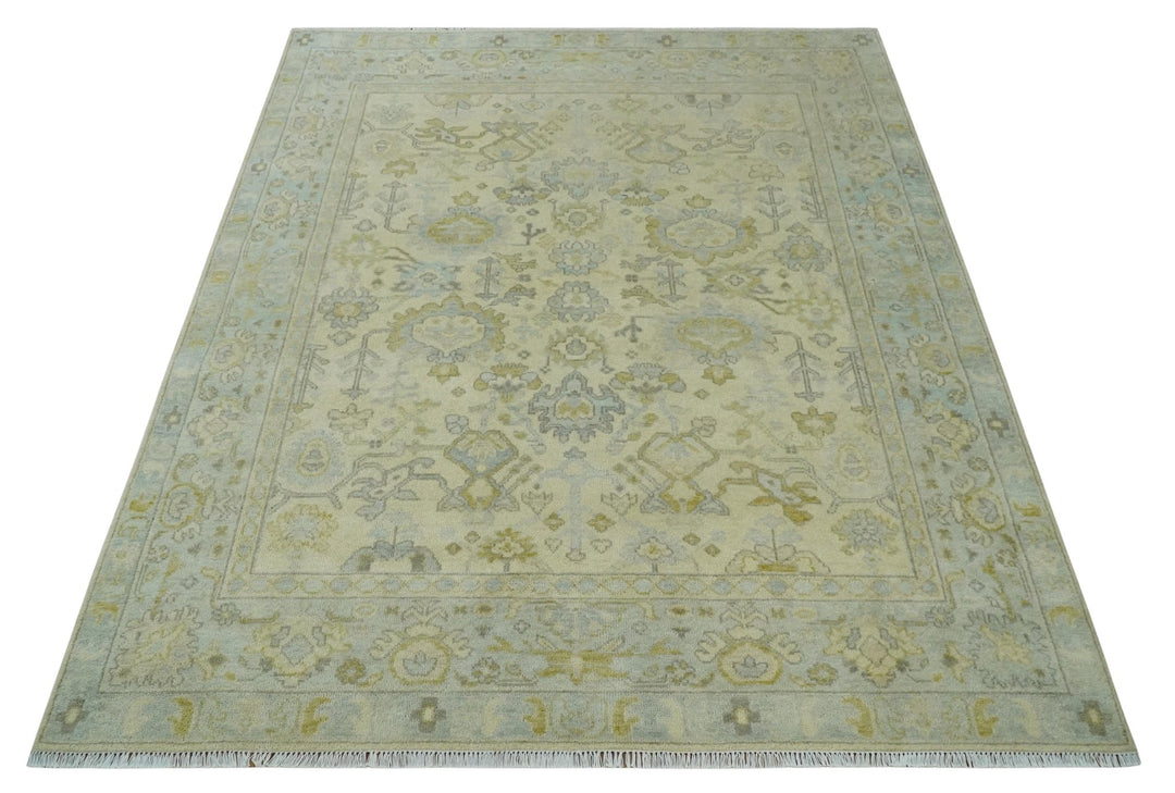 Neutral Beige and silver 8x10 Traditional Antique Finish Hand knotted Wool Area Rug - The Rug Decor