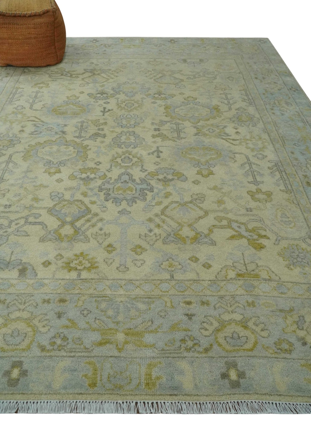 Neutral Beige and silver 8x10 Traditional Antique Finish Hand knotted Wool Area Rug - The Rug Decor