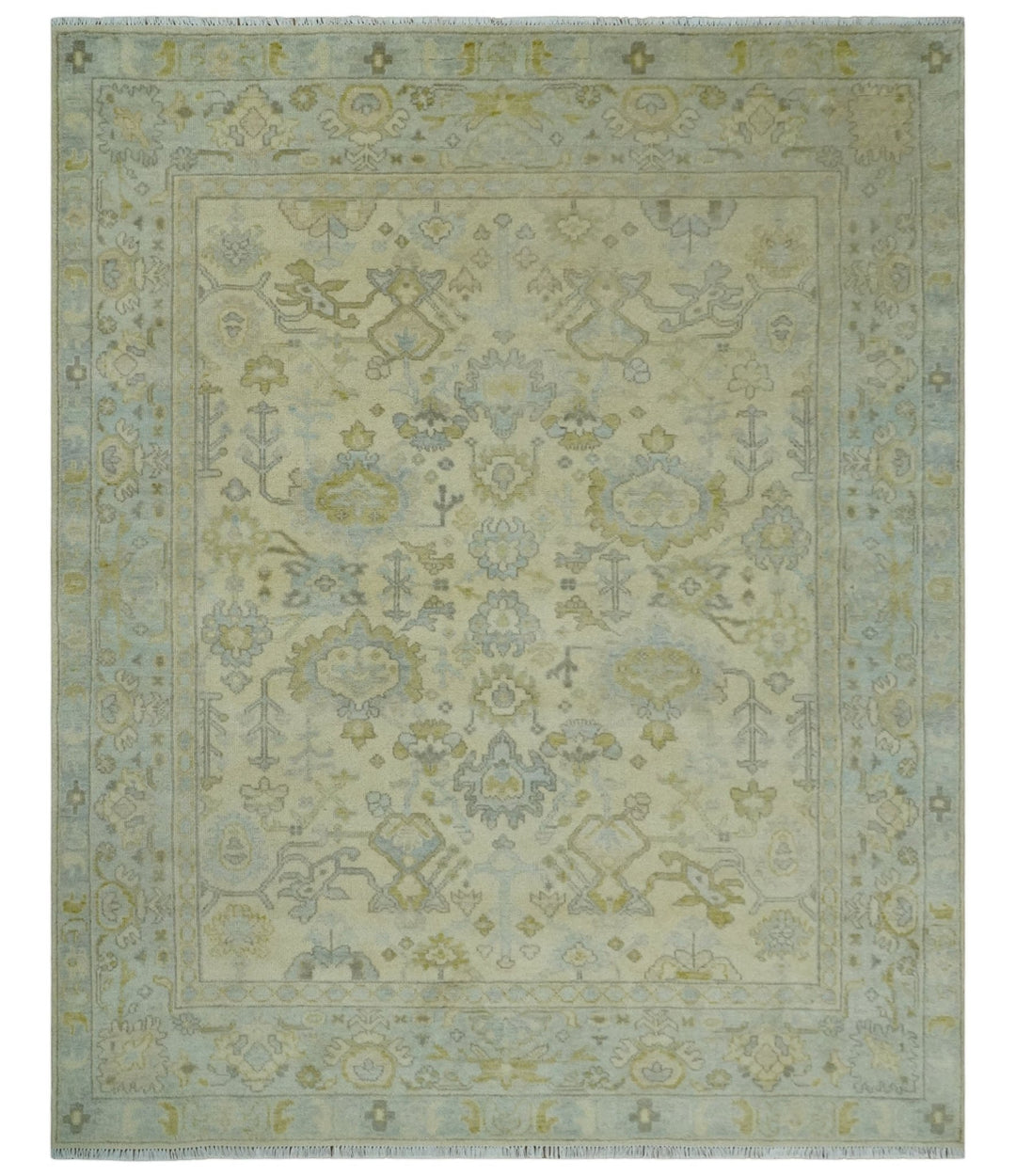 Neutral Beige and silver 8x10 Traditional Antique Finish Hand knotted Wool Area Rug - The Rug Decor