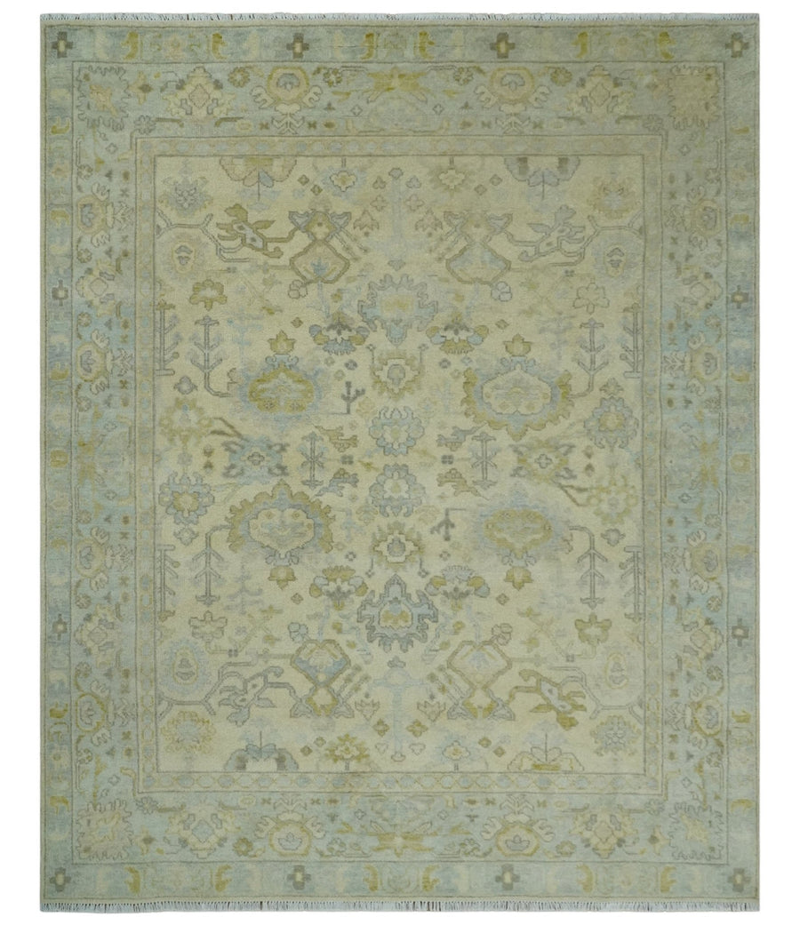 Neutral Beige and silver 8x10 Traditional Antique Finish Hand knotted Wool Area Rug - The Rug Decor