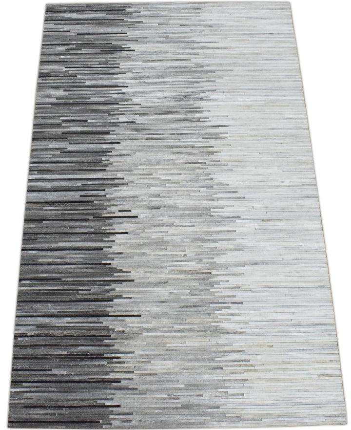 New Hairon 5x8 and 8x10 Leather Stripe Design Handmade Gray and Silver Area Rug, Hand Stitched Genuine Leather Rug | LR5 - The Rug Decor