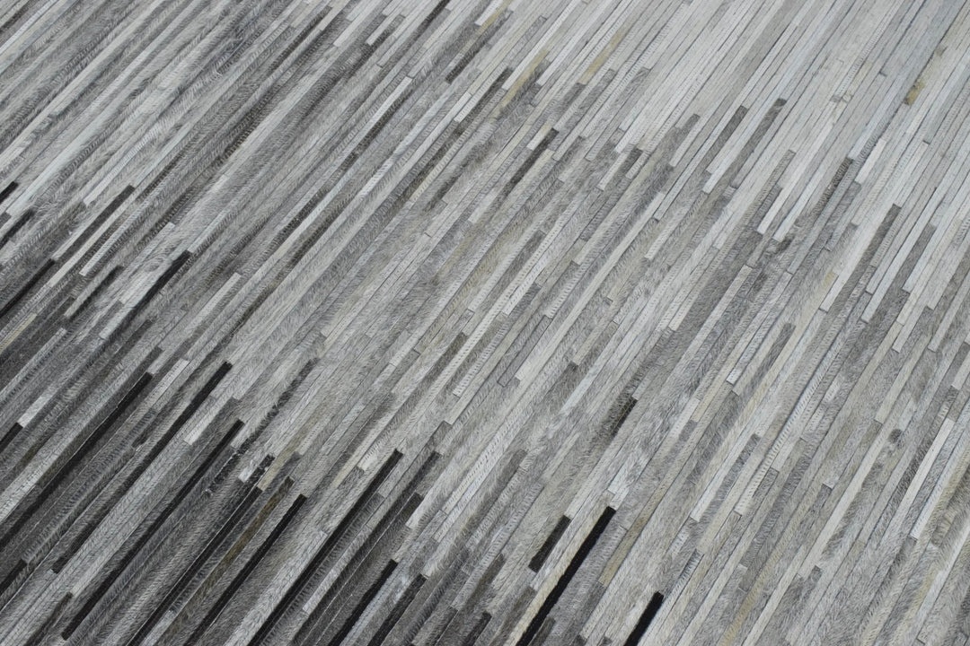 New Hairon 5x8 and 8x10 Leather Stripe Design Handmade Gray and Silver Area Rug, Hand Stitched Genuine Leather Rug | LR5 - The Rug Decor