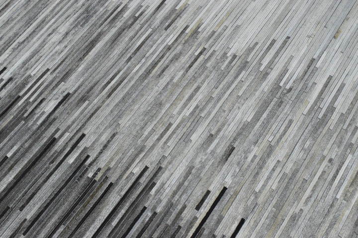 New Hairon 5x8 and 8x10 Leather Stripe Design Handmade Gray and Silver Area Rug, Hand Stitched Genuine Leather Rug | LR5 - The Rug Decor