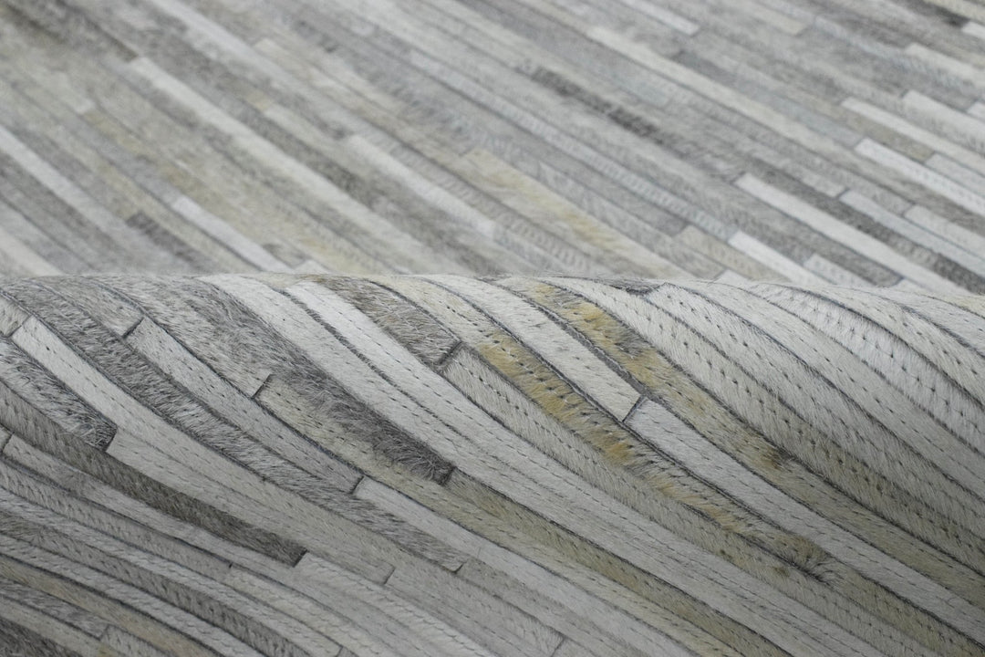 New Hairon 5x8 and 8x10 Leather Stripe Design Handmade Gray and Silver Area Rug, Hand Stitched Genuine Leather Rug | LR5 - The Rug Decor