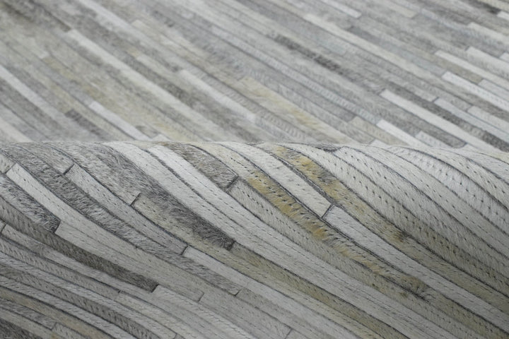 New Hairon 5x8 and 8x10 Leather Stripe Design Handmade Gray and Silver Area Rug, Hand Stitched Genuine Leather Rug | LR5 - The Rug Decor