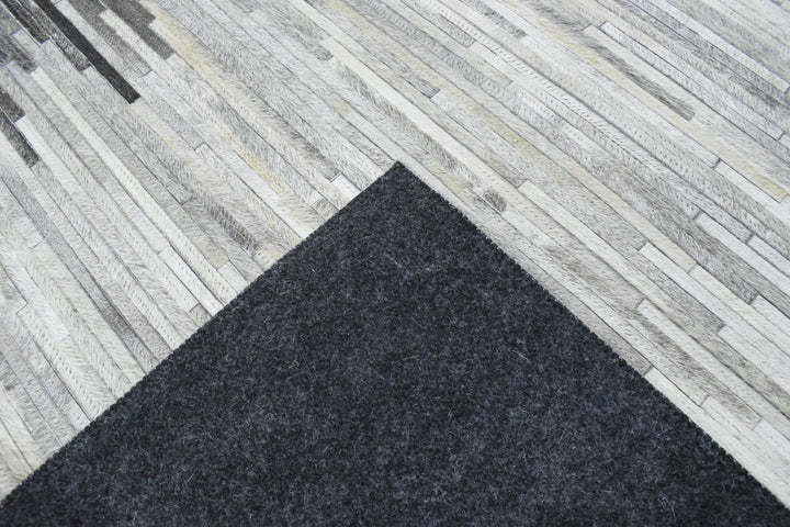 New Hairon 5x8 and 8x10 Leather Stripe Design Handmade Gray and Silver Area Rug, Hand Stitched Genuine Leather Rug | LR5 - The Rug Decor