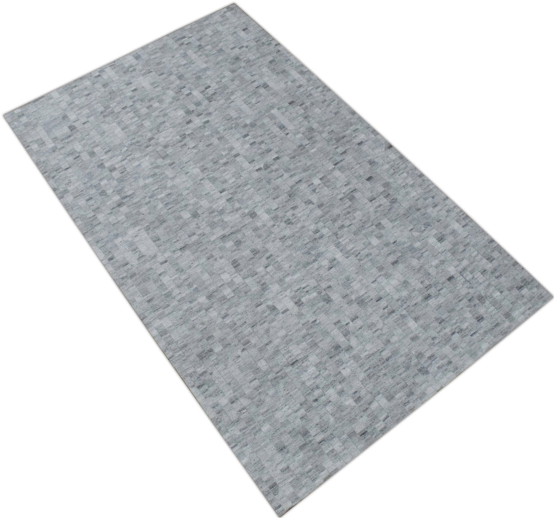 New Hairon 5x8 Leather Stripe Design Handmade Gray and Silver Area Rug, Hand Stitched Genuine Leather Rug | LR13 - The Rug Decor