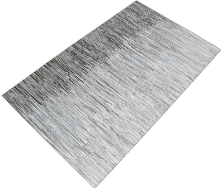 New Hairon 5x8 Leather Stripe Design Handmade Gray and Silver Area Rug, Hand Stitched Genuine Leather Rug | LR5B - The Rug Decor