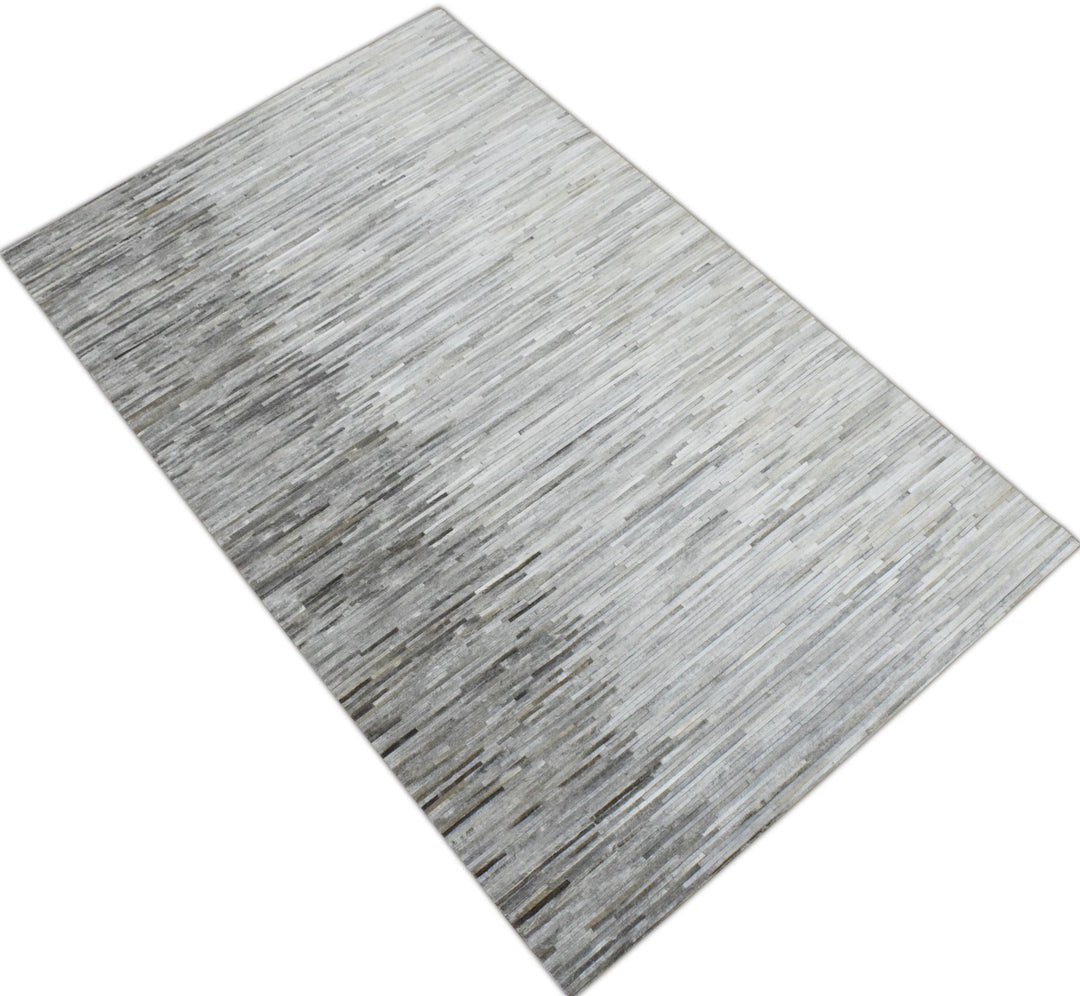 New Hairon 5x8 Leather Stripe Design Handmade Gray and Silver Area Rug, Hand Stitched Genuine Leather Rug | LR5B - The Rug Decor