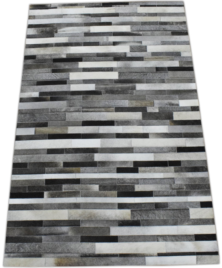 New Hairon 5x8 Leather Stripe Design Handmade Gray and Silver Area Rug, Hand Stitched Genuine Leather Rug | LR7 - The Rug Decor