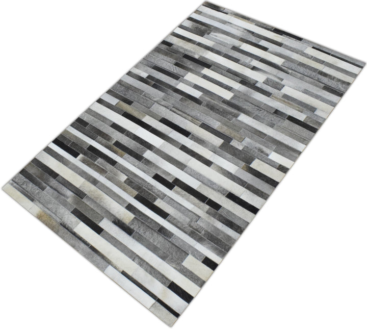 New Hairon 5x8 Leather Stripe Design Handmade Gray and Silver Area Rug, Hand Stitched Genuine Leather Rug | LR7 - The Rug Decor