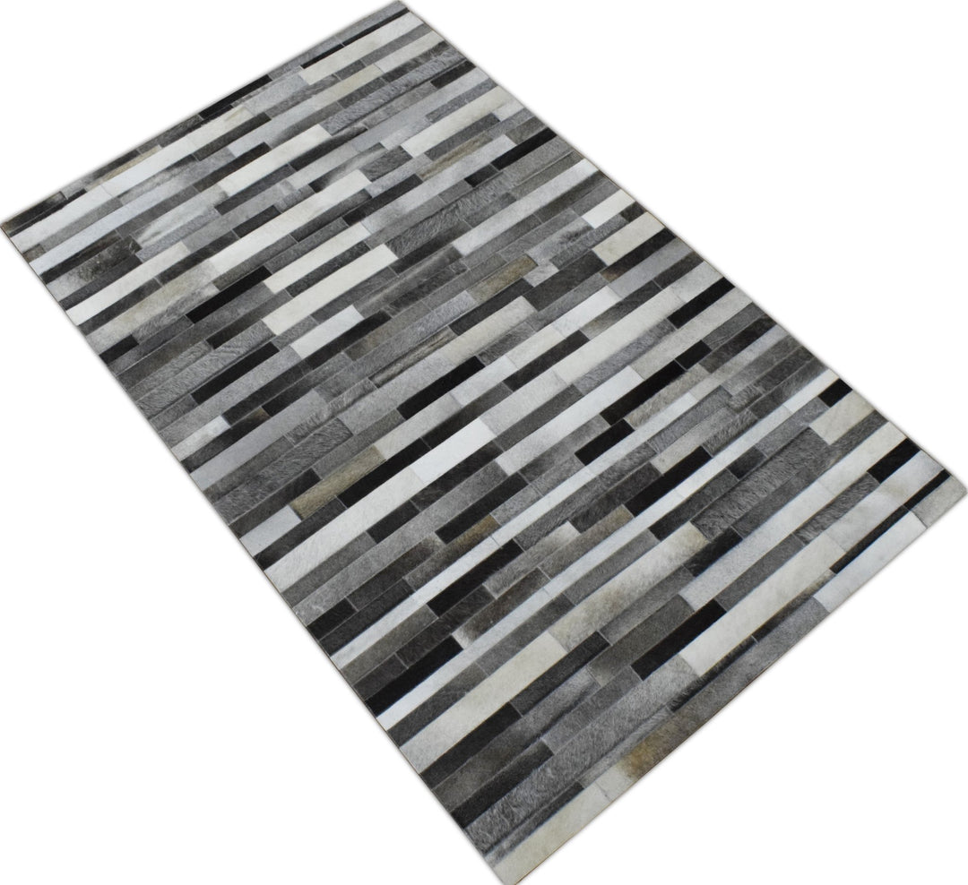 New Hairon 5x8 Leather Stripe Design Handmade Gray and Silver Area Rug, Hand Stitched Genuine Leather Rug | LR7 - The Rug Decor