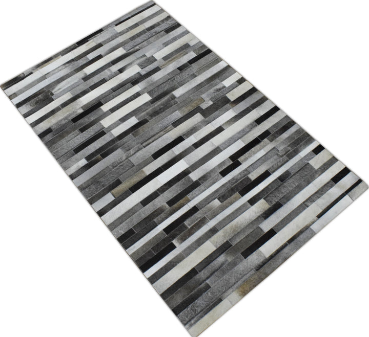 New Hairon 5x8 Leather Stripe Design Handmade Gray and Silver Area Rug, Hand Stitched Genuine Leather Rug | LR7 - The Rug Decor