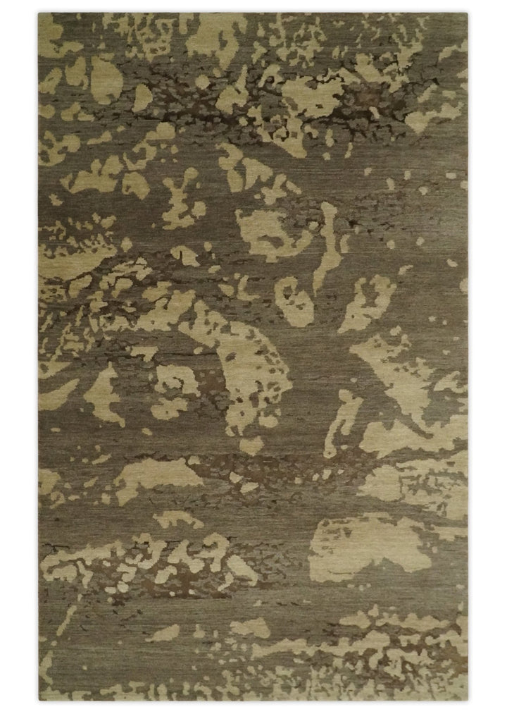 Olive and Brown Modern Abstract 5x8 Hand Knotted Wool and Silk Area Rug - The Rug Decor
