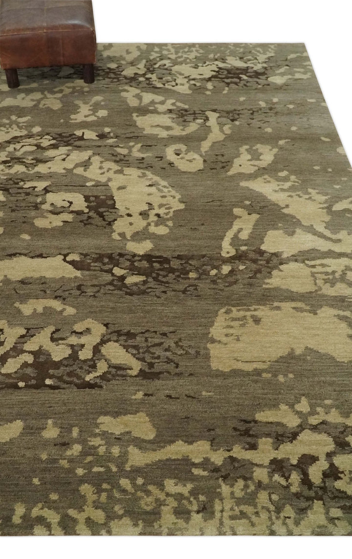 Olive and Brown Modern Abstract 5x8 Hand Knotted Wool and Silk Area Rug - The Rug Decor