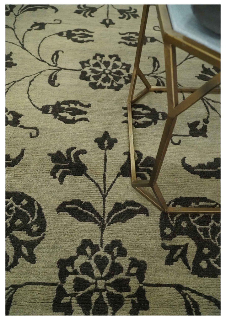 Olive and Dark green Hand Knotted 4x6 Floral Wool and Silk Area Rug - The Rug Decor