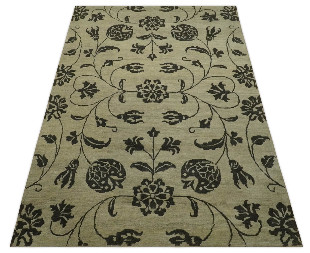 Olive and Dark green Hand Knotted 4x6 Floral Wool and Silk Area Rug - The Rug Decor