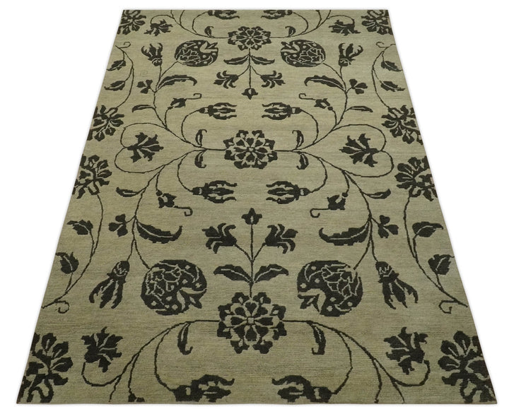 Olive and Dark green Hand Knotted 4x6 Floral Wool and Silk Area Rug - The Rug Decor