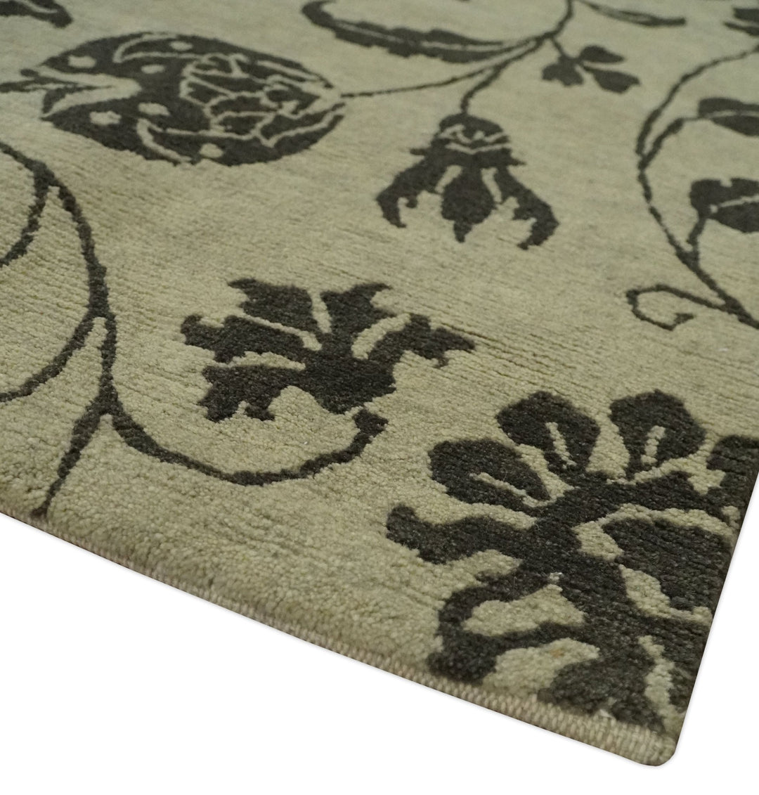 Olive and Dark green Hand Knotted 4x6 Floral Wool and Silk Area Rug - The Rug Decor