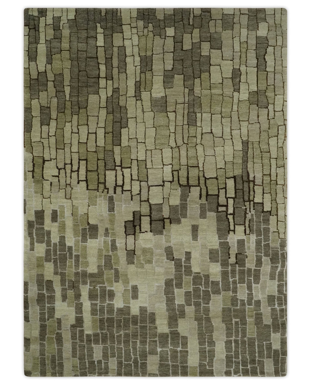 Olive, Beige, Charcoal and Ivory Modern Geometrical Brick Design 4.6x6.6 wool and Art Silk Area Rug - The Rug Decor
