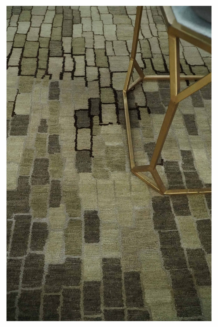 Olive, Beige, Charcoal and Ivory Modern Geometrical Brick Design 4.6x6.6 wool and Art Silk Area Rug - The Rug Decor