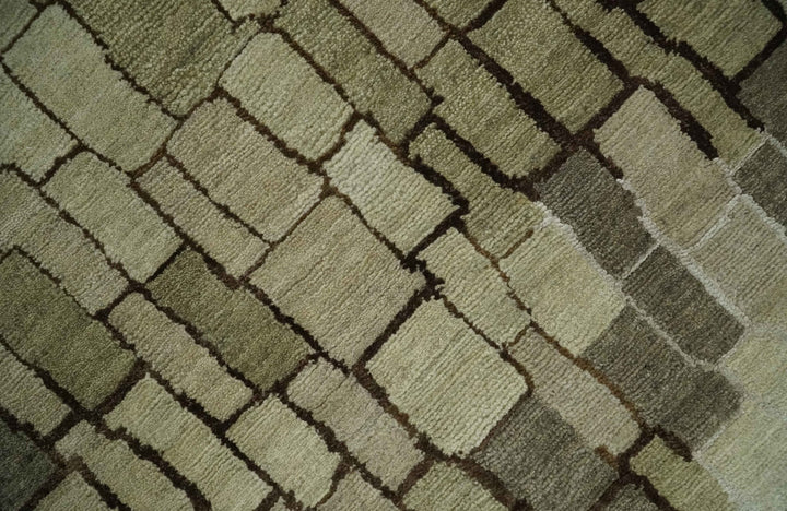 Olive, Beige, Charcoal and Ivory Modern Geometrical Brick Design 4.6x6.6 wool and Art Silk Area Rug - The Rug Decor