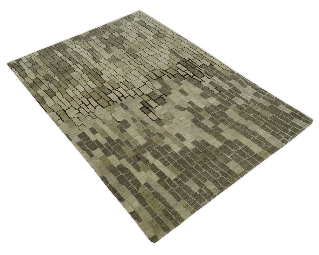 Olive, Beige, Charcoal and Ivory Modern Geometrical Brick Design 4.6x6.6 wool and Art Silk Area Rug - The Rug Decor
