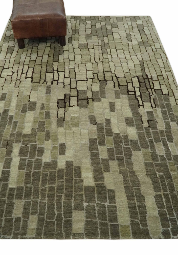 Olive, Beige, Charcoal and Ivory Modern Geometrical Brick Design 4.6x6.6 wool and Art Silk Area Rug - The Rug Decor