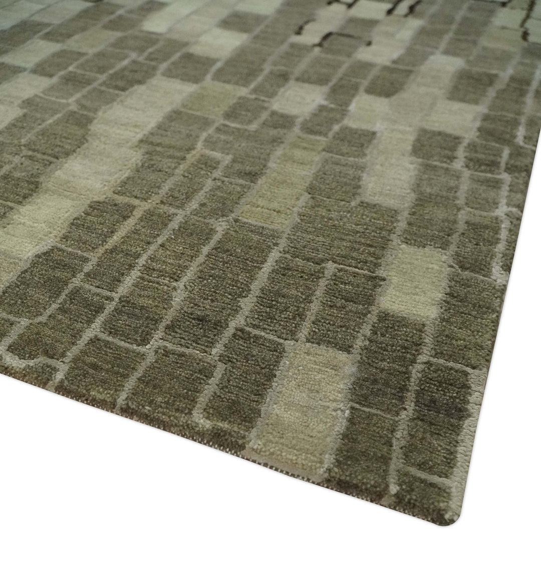 Olive, Beige, Charcoal and Ivory Modern Geometrical Brick Design 4.6x6.6 wool and Art Silk Area Rug - The Rug Decor