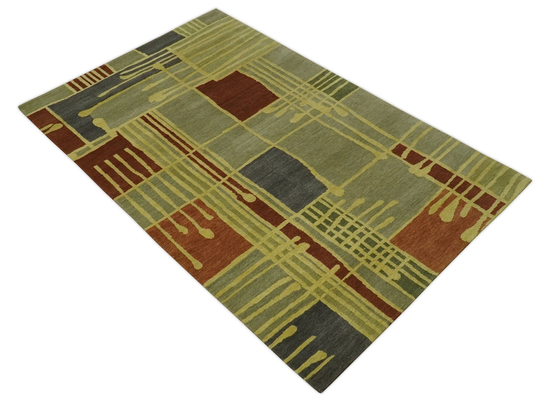 Olive, Brown and Gray Modern Geometrical Stripes Design Hand loom 5x8 wool Area Rug - The Rug Decor