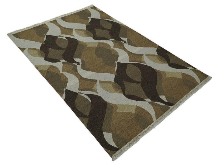 Olive, Ivory and Charcoal 6x9 Modern Abstract Hand Woven Soumak Dhurrie Wool Area Rug - The Rug Decor