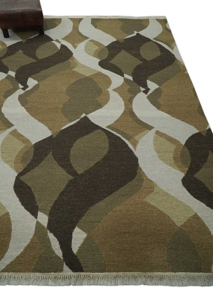 Olive, Ivory and Charcoal 6x9 Modern Abstract Hand Woven Soumak Dhurrie Wool Area Rug - The Rug Decor