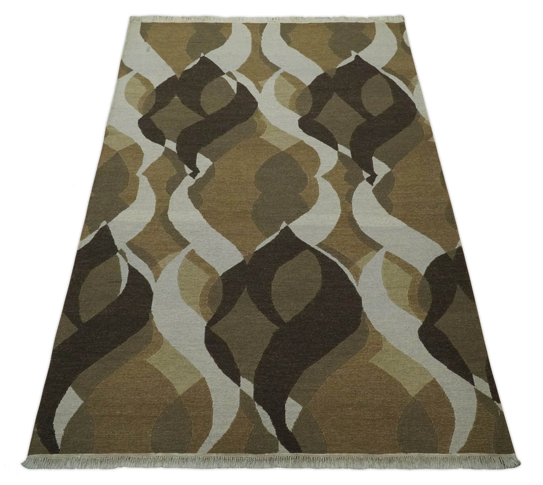Olive, Ivory and Charcoal 6x9 Modern Abstract Hand Woven Soumak Dhurrie Wool Area Rug - The Rug Decor