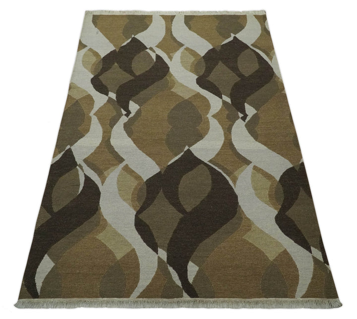 Olive, Ivory and Charcoal 6x9 Modern Abstract Hand Woven Soumak Dhurrie Wool Area Rug - The Rug Decor