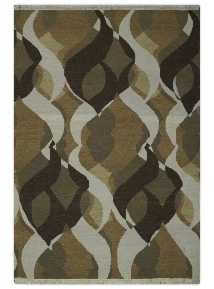 Olive, Ivory and Charcoal 6x9 Modern Abstract Hand Woven Soumak Dhurrie Wool Area Rug - The Rug Decor