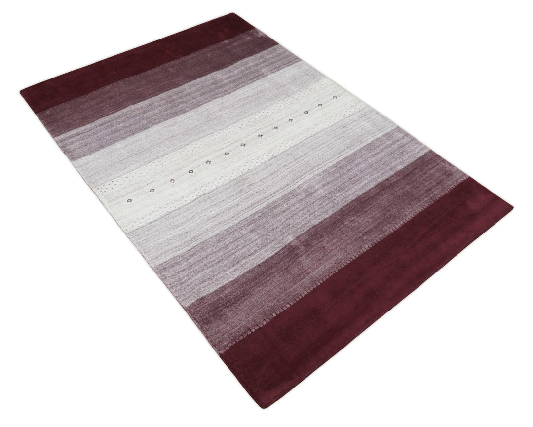Ombre Purple and Ivory 5x7 Striped Wool and Bamboo Silk Hand Knotted Southwestern Gabbeh Rug | HL28 - The Rug Decor