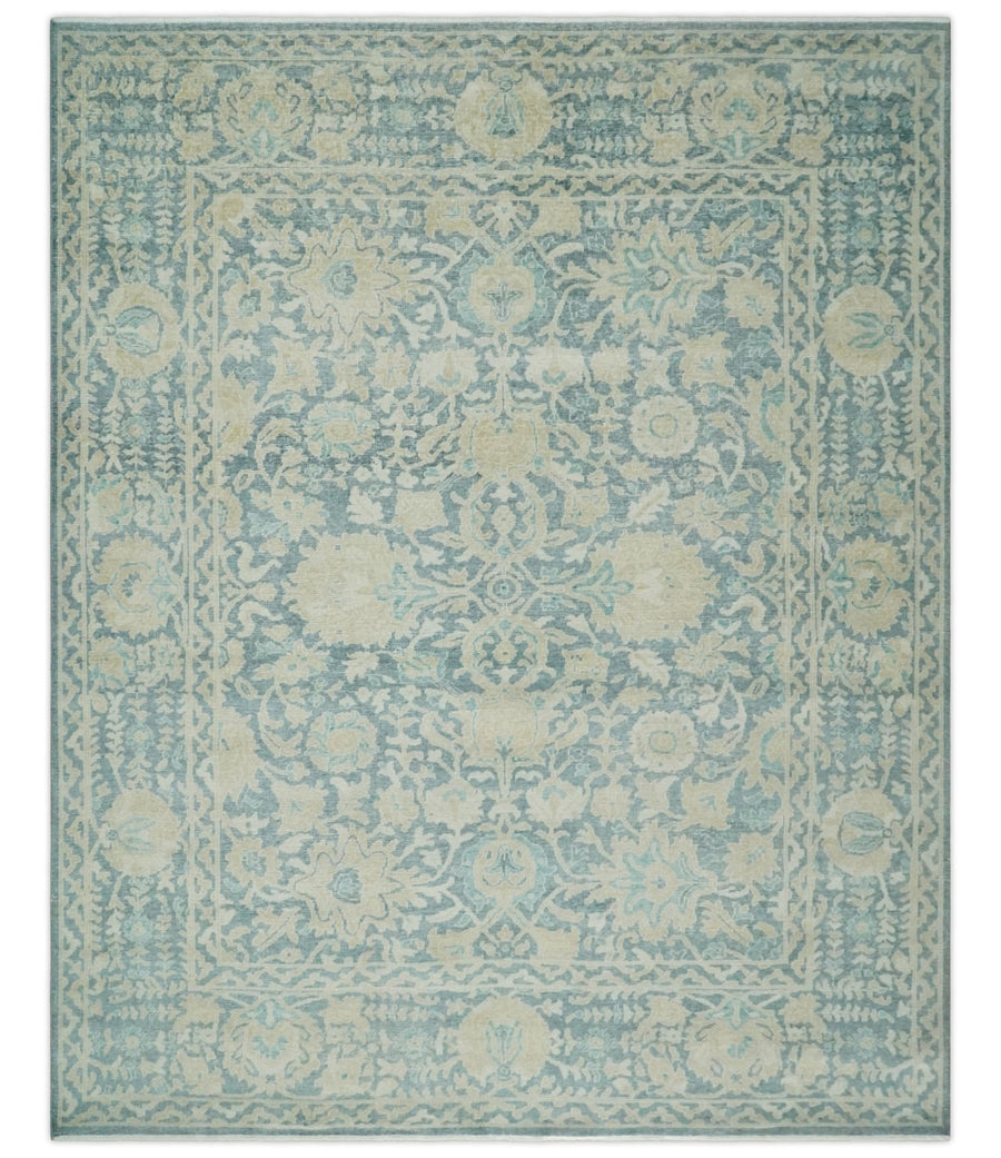 One of a Kind 8x10 Hand Knotted Blue and Beige Antique Traditional Low Pile wool Area Rug - The Rug Decor