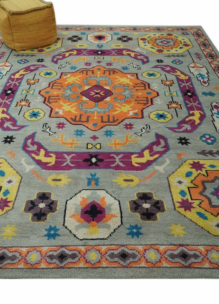 Orange, Silver and Mustard Traditional Mamluk Design Medallion Multi Size wool Area Rug - The Rug Decor