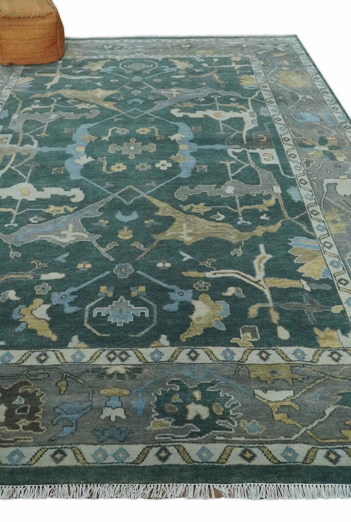 Oriental Oushak Teal Green and Gray 9x12 Hand Knotted Wool Area Rug - The Rug Decor