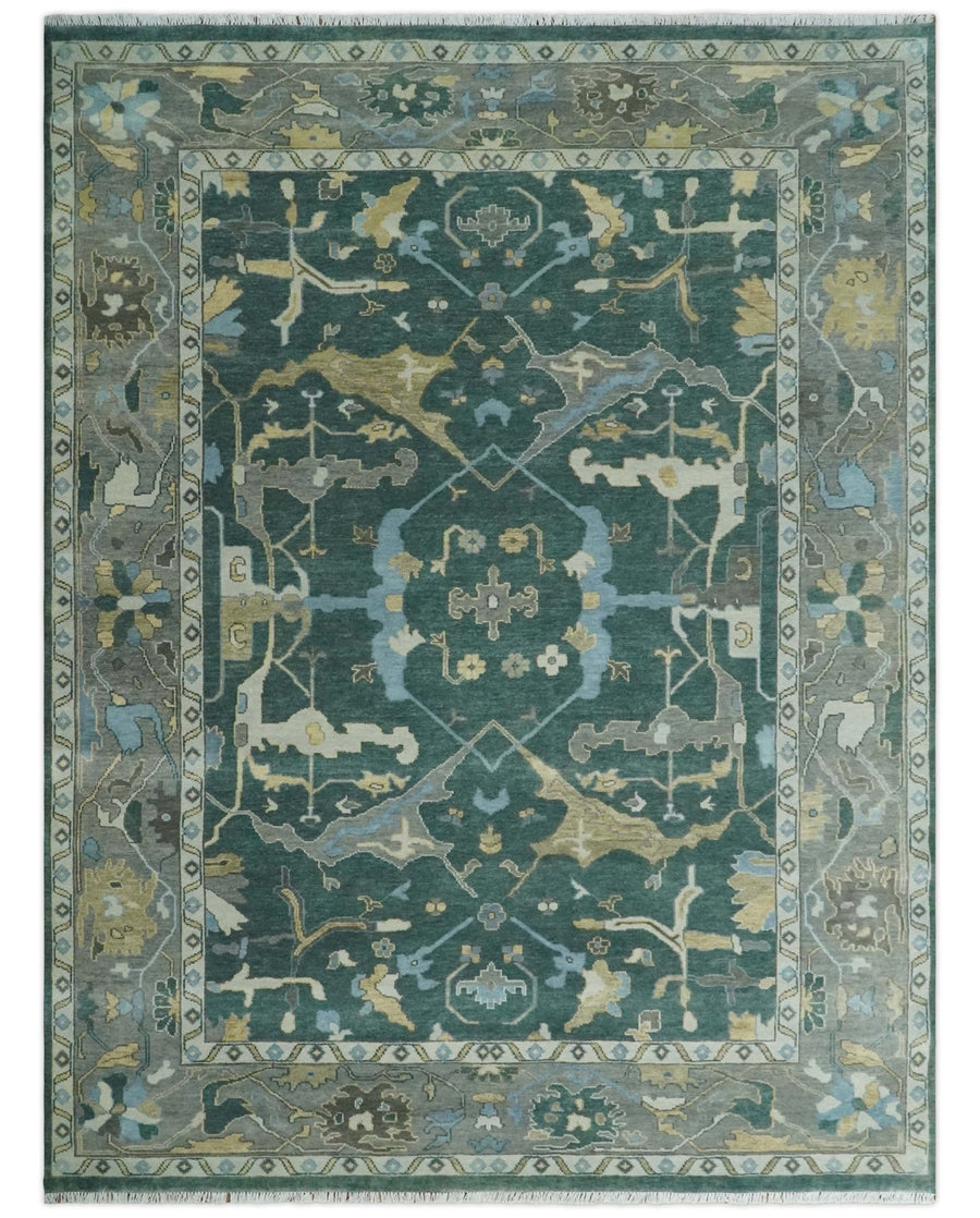 Oriental Oushak Teal Green and Gray 9x12 Hand Knotted Wool Area Rug - The Rug Decor