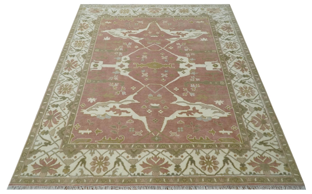 Peach, Ivory and Olive Hand knotted 9x12 Oriental Oushak Traditional Wool Area Rug, Kids, Living Room and Bedroom Rug - The Rug Decor